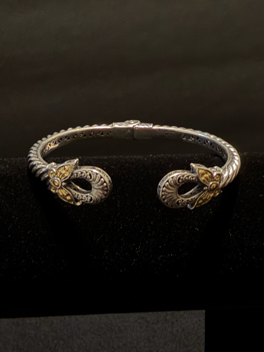 Vintage 925 Sterling Silver & 18k Gold Butterfly Open Cuff Cable Bracelet
